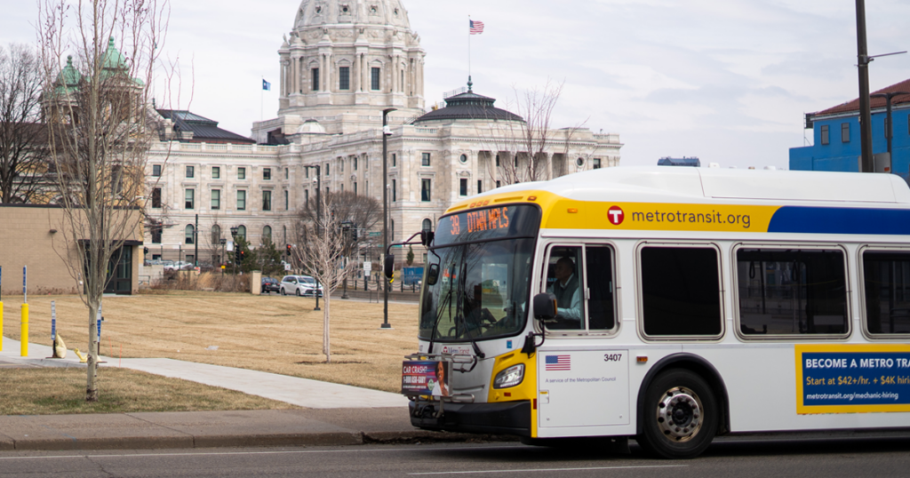 Metro Transit bus in front of the Minnesota State Capitol